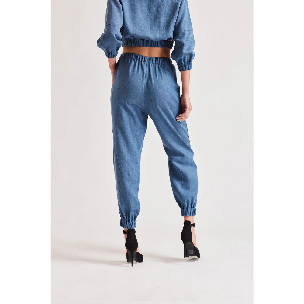 Our Love Love Blue Denim Embroidered Joggers