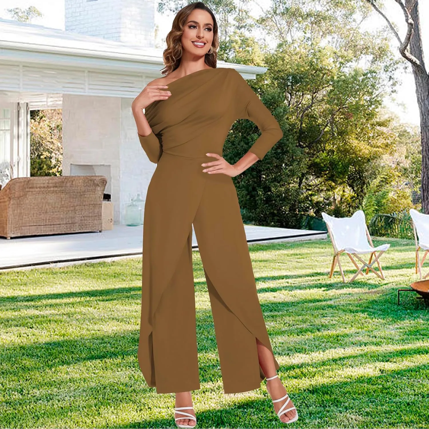 PaladMom Women's Casual Fall Elegant One Shoulder Long Sleeves Dressy for Work Wide Leg Pants Clubwear Party Jumpsuits