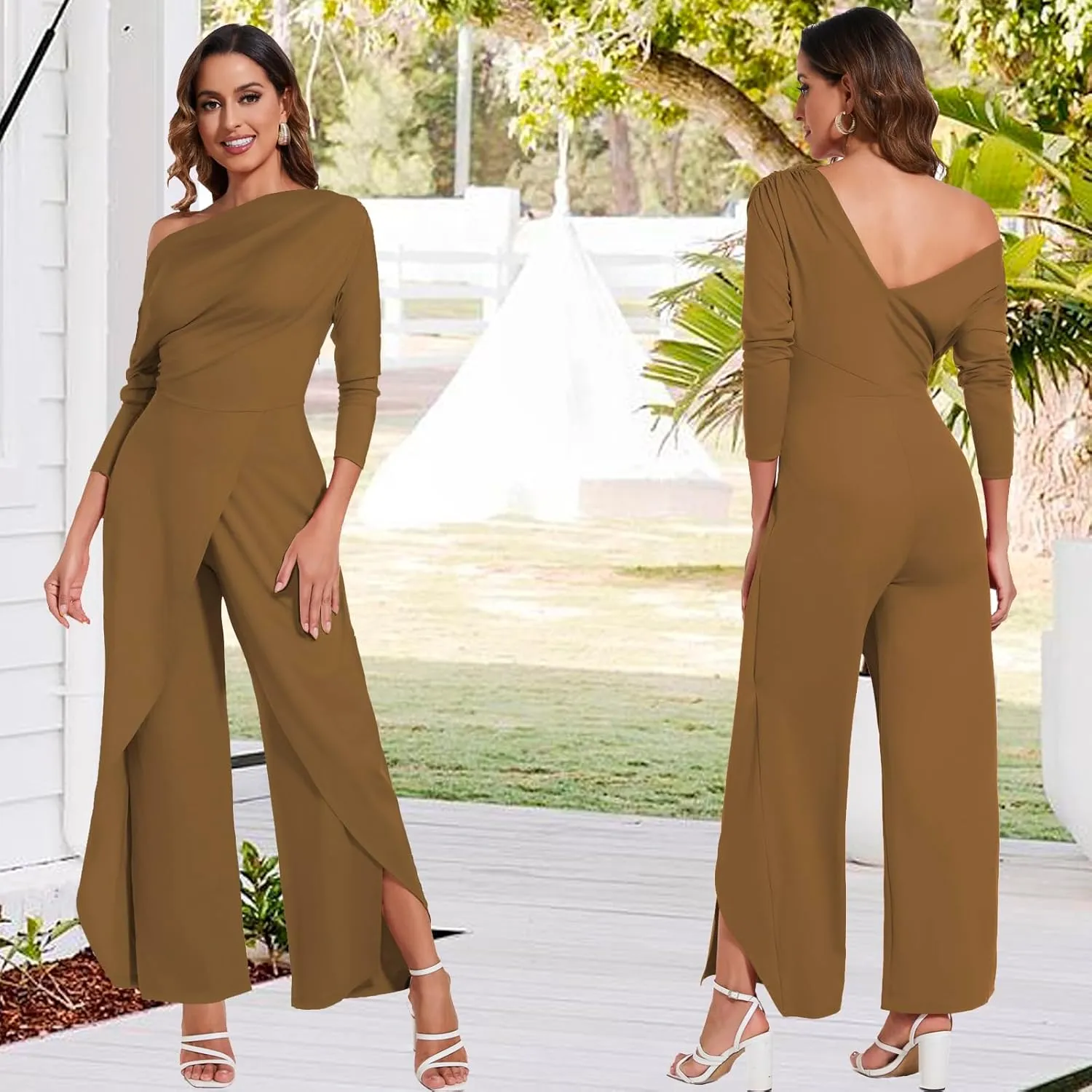 PaladMom Women's Casual Fall Elegant One Shoulder Long Sleeves Dressy for Work Wide Leg Pants Clubwear Party Jumpsuits