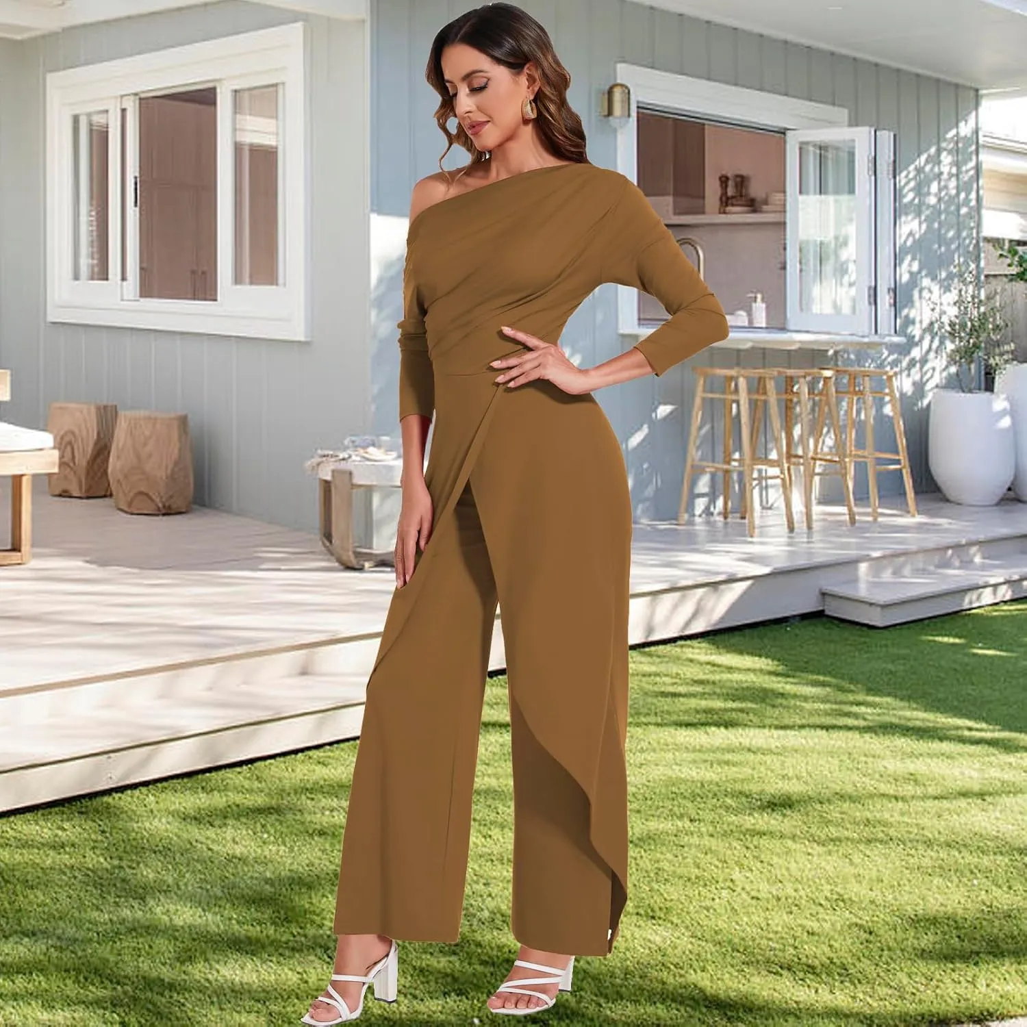 PaladMom Women's Casual Fall Elegant One Shoulder Long Sleeves Dressy for Work Wide Leg Pants Clubwear Party Jumpsuits