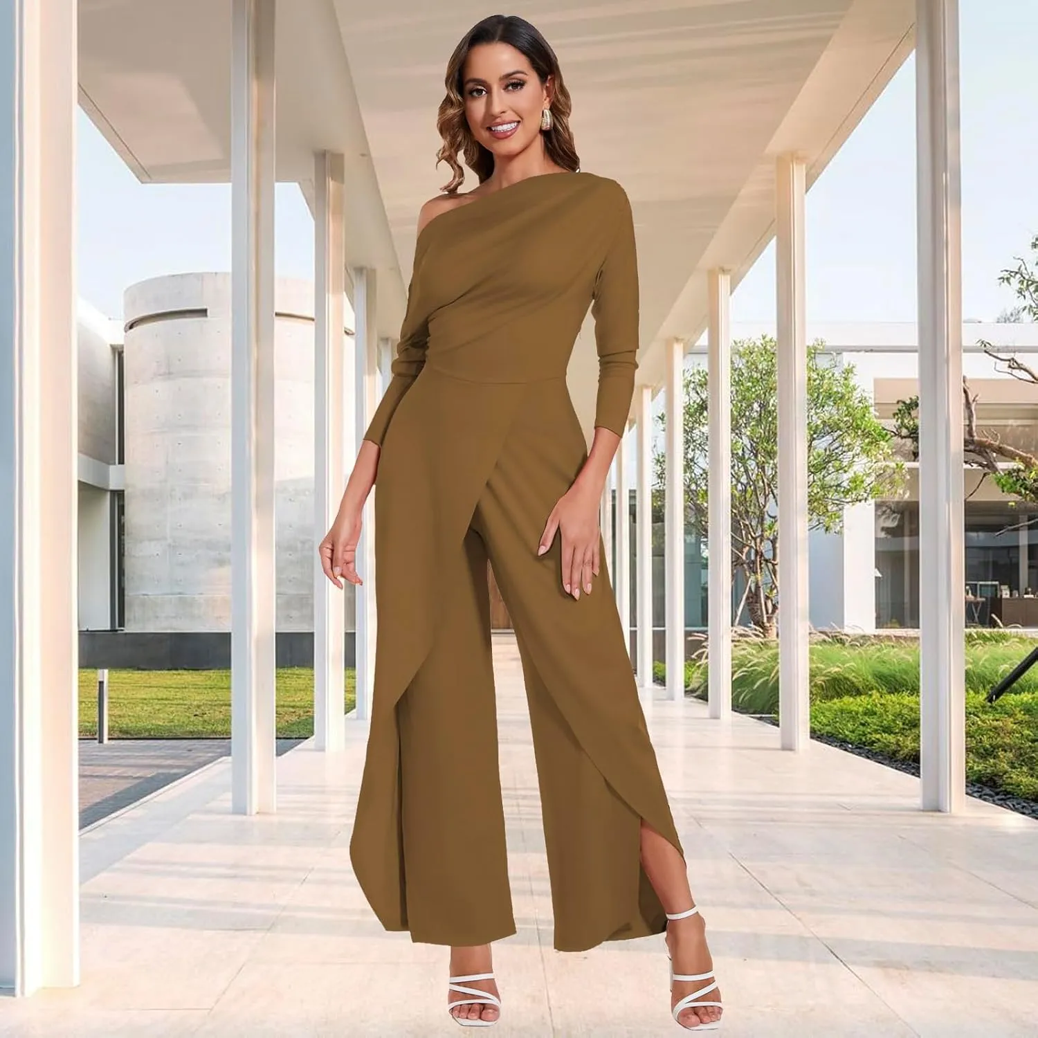 PaladMom Women's Casual Fall Elegant One Shoulder Long Sleeves Dressy for Work Wide Leg Pants Clubwear Party Jumpsuits
