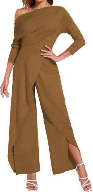 PaladMom Women's Casual Fall Elegant One Shoulder Long Sleeves Dressy for Work Wide Leg Pants Clubwear Party Jumpsuits