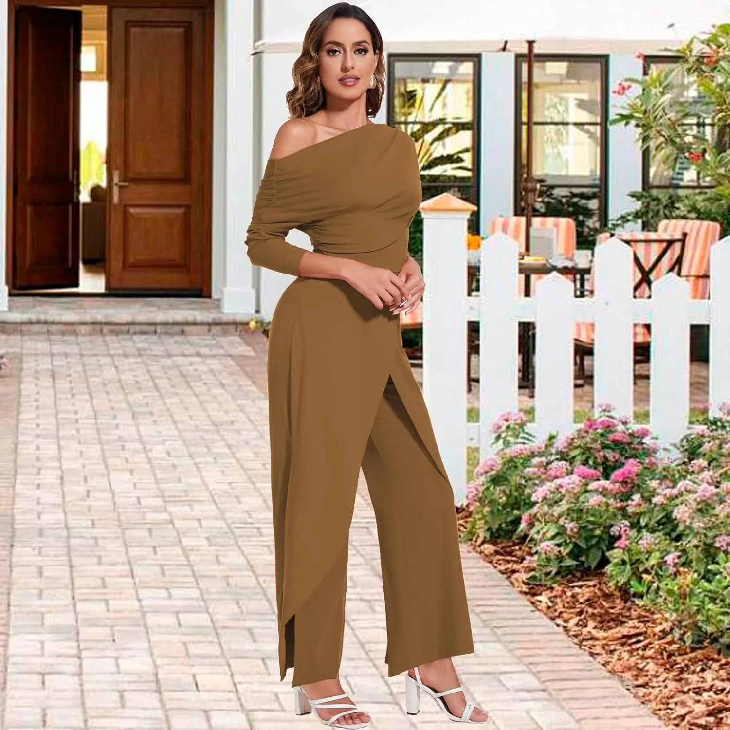 PaladMom Women's Casual Fall Elegant One Shoulder Long Sleeves Dressy for Work Wide Leg Pants Clubwear Party Jumpsuits