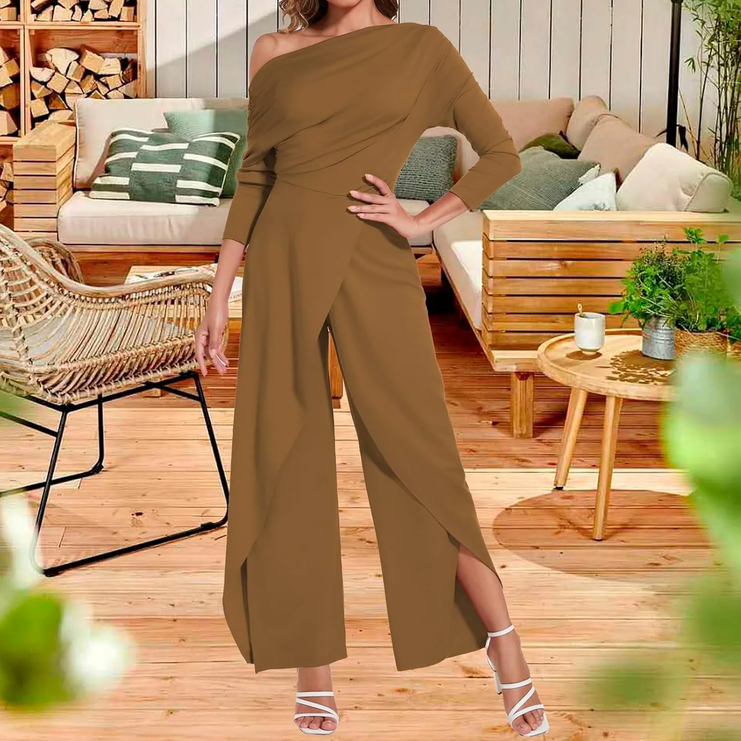 PaladMom Women's Casual Fall Elegant One Shoulder Long Sleeves Dressy for Work Wide Leg Pants Clubwear Party Jumpsuits