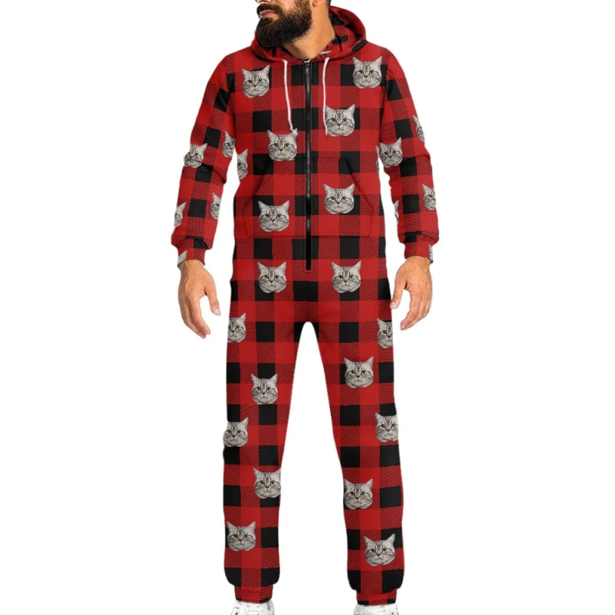 Personalized Hooded Onesie for Family Custom Face Grid Red Zip Jumpsuits with Pocket One-piece Pajamas for Adult kids