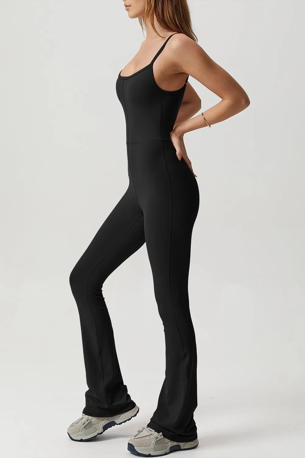 QINSEN Flare Jumpsuits for Women Spaghetti Straps Scoop Neck Bodycon Full Length Casual Unitard Playsuit