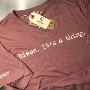 Risen. It's a thing. Short Sleeve Tee Shirt, V-Neck, Heather Mauve