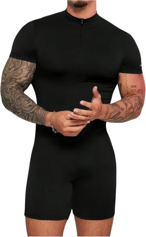 SHENHE Men's Short Sleeve Mock Neck Bodysuit Full Body Zip Up Leotard Slim Fit Jumpsuits