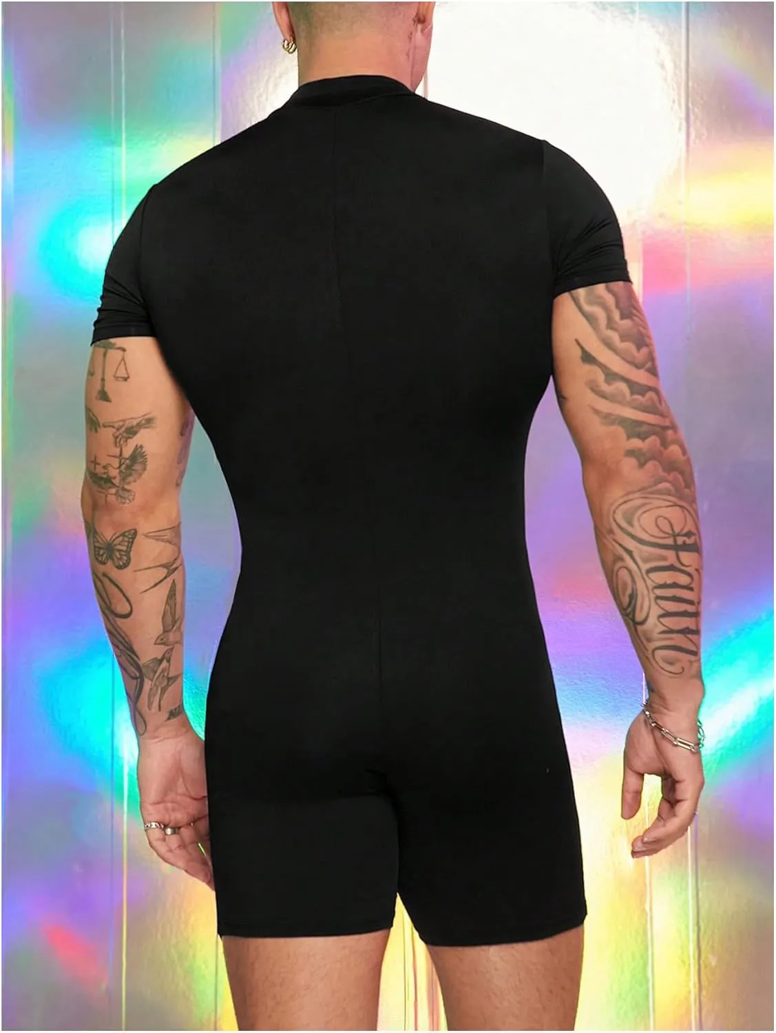 SHENHE Men's Short Sleeve Mock Neck Bodysuit Full Body Zip Up Leotard Slim Fit Jumpsuits
