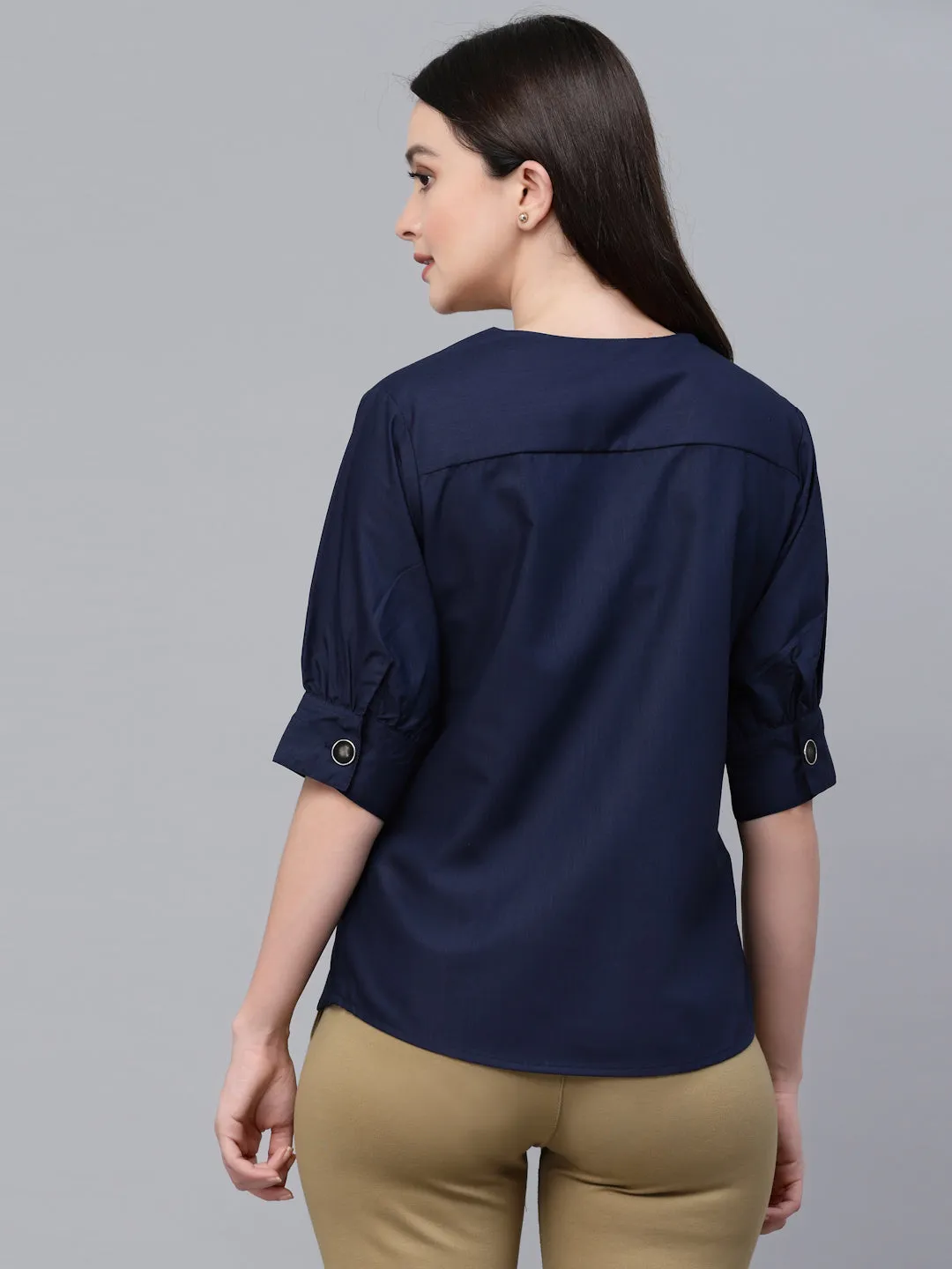 Style Quotient Women solid Navy Cotton Smart Casual Top