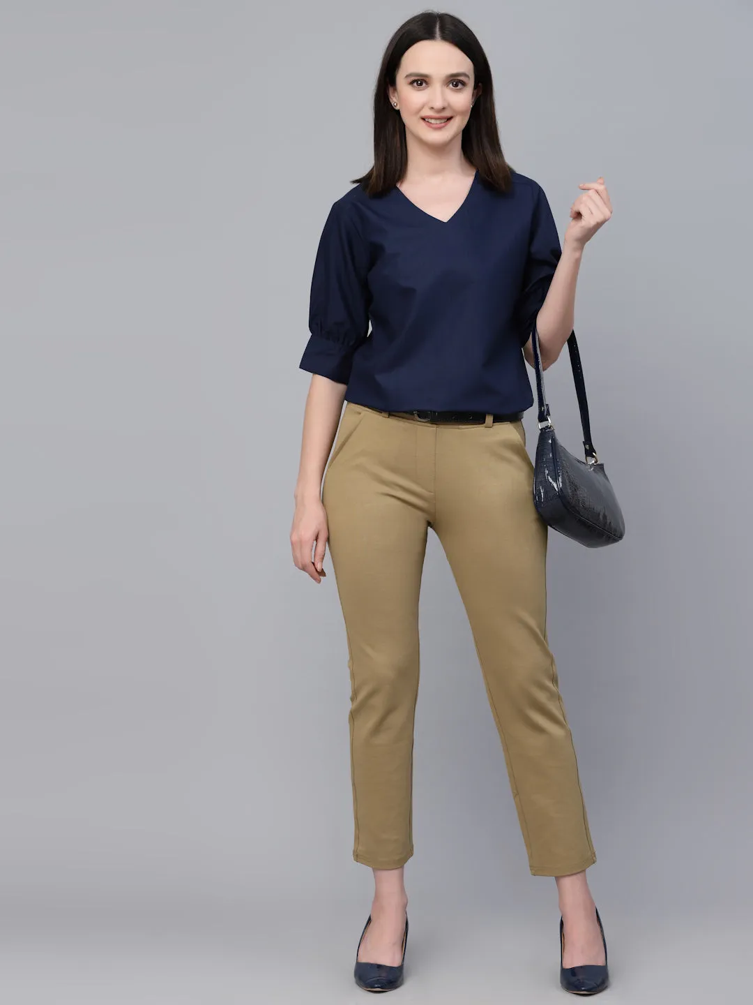 Style Quotient Women solid Navy Cotton Smart Casual Top