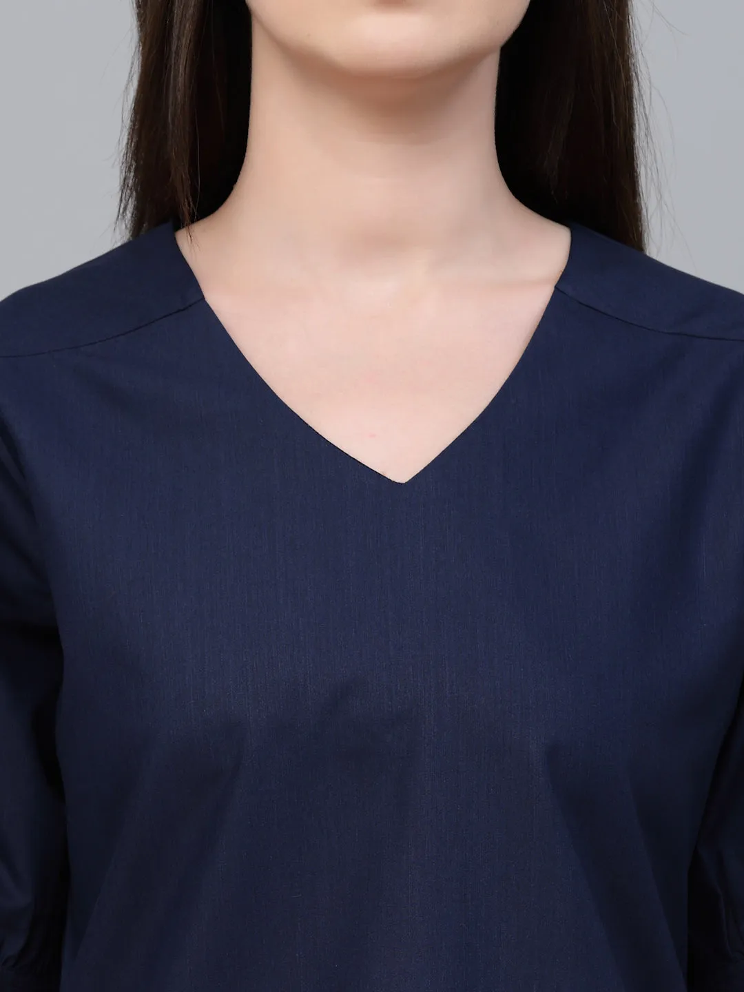Style Quotient Women solid Navy Cotton Smart Casual Top