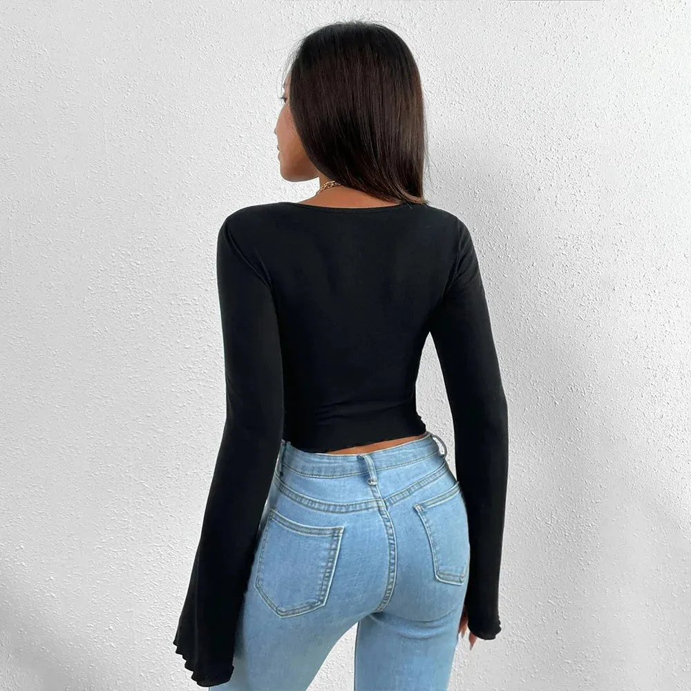 Summer Flare Long Sleeve V-neck Irregular Hem Crop Streetwear Top White Slim Corset T-shirt Women's Fashion