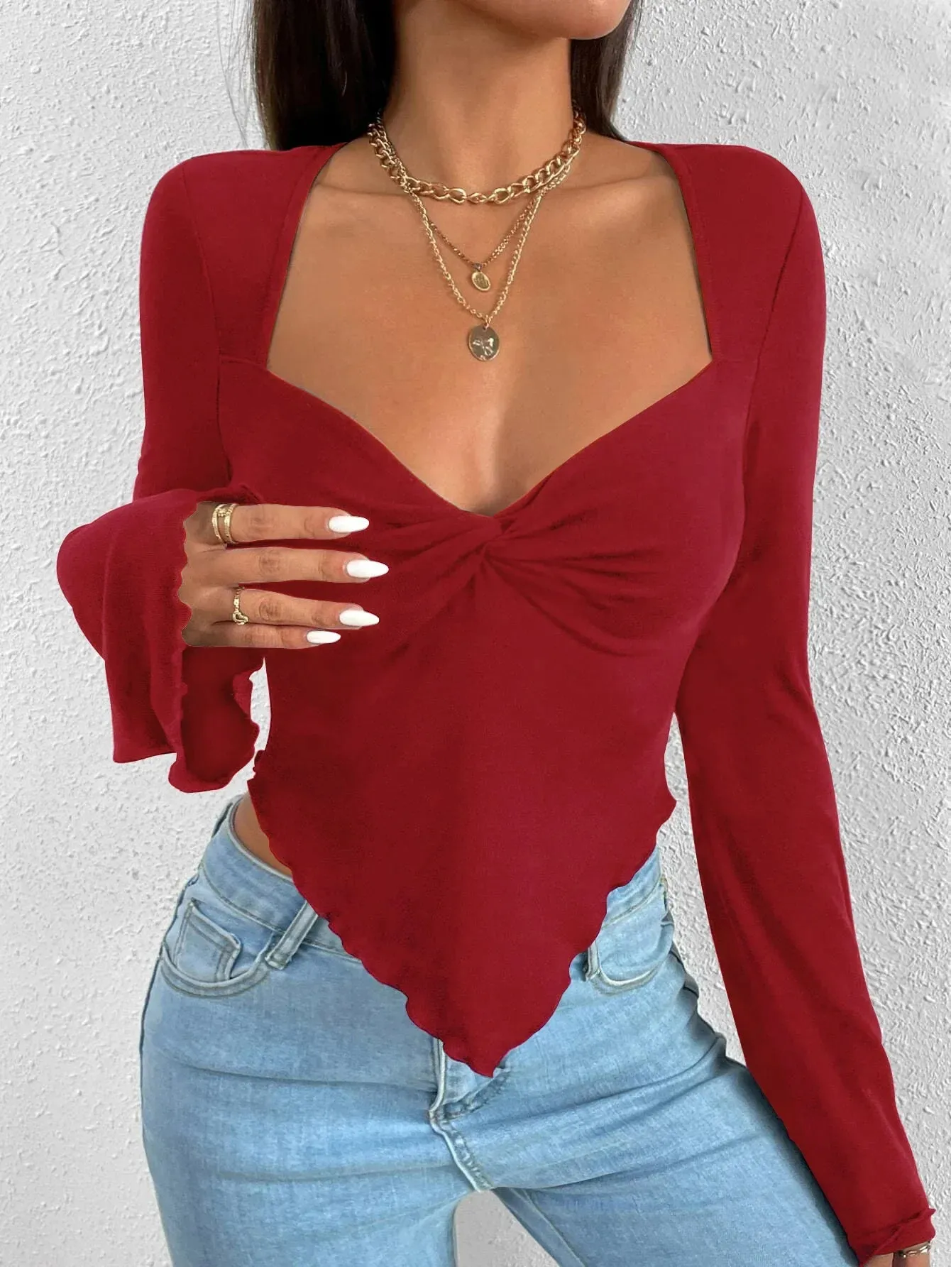 Summer Flare Long Sleeve V-neck Irregular Hem Crop Streetwear Top White Slim Corset T-shirt Women's Fashion