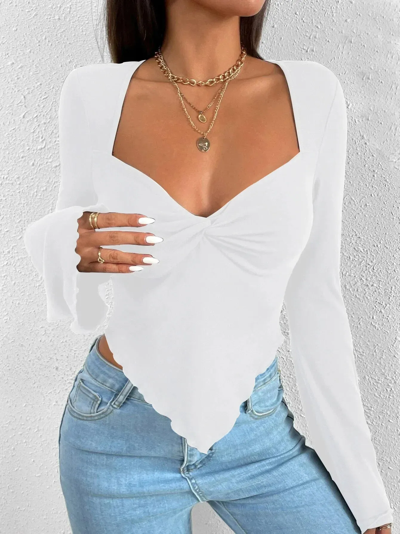 Summer Flare Long Sleeve V-neck Irregular Hem Crop Streetwear Top White Slim Corset T-shirt Women's Fashion