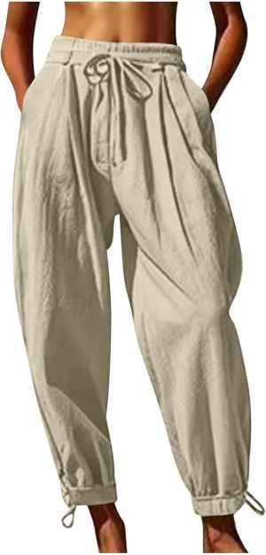 Summer Pants for Women Cotton Linen Wide Leg Pants Close Bottom Joggers Elastic Waist Casual Trousers with Pockets