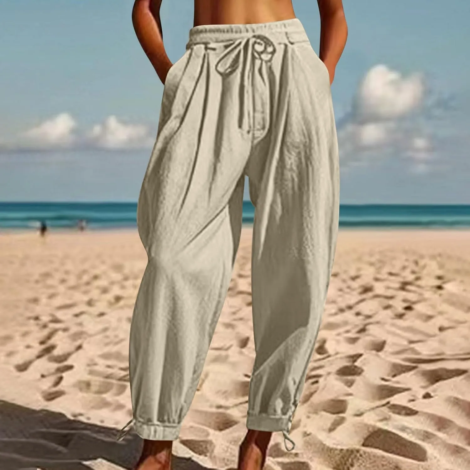 Summer Pants for Women Cotton Linen Wide Leg Pants Close Bottom Joggers Elastic Waist Casual Trousers with Pockets