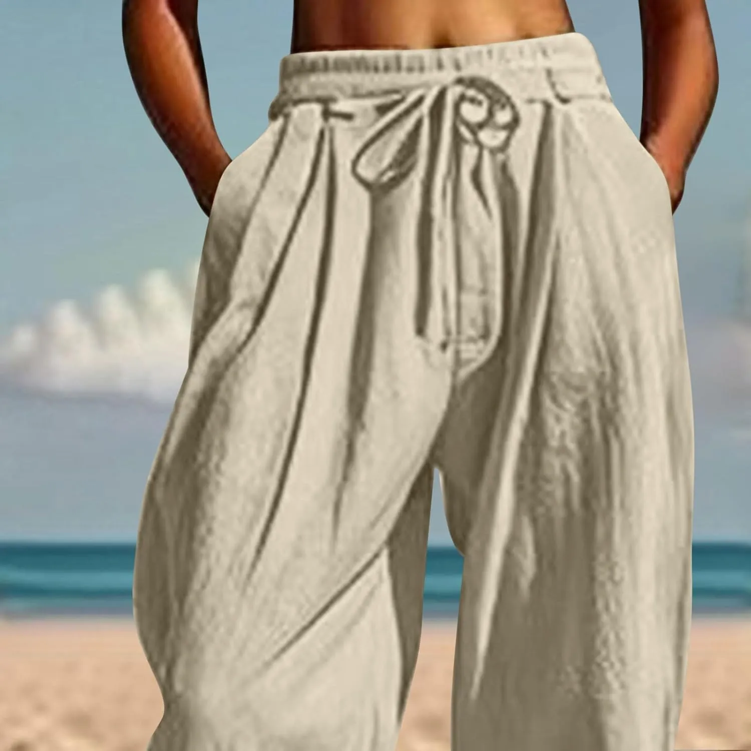 Summer Pants for Women Cotton Linen Wide Leg Pants Close Bottom Joggers Elastic Waist Casual Trousers with Pockets