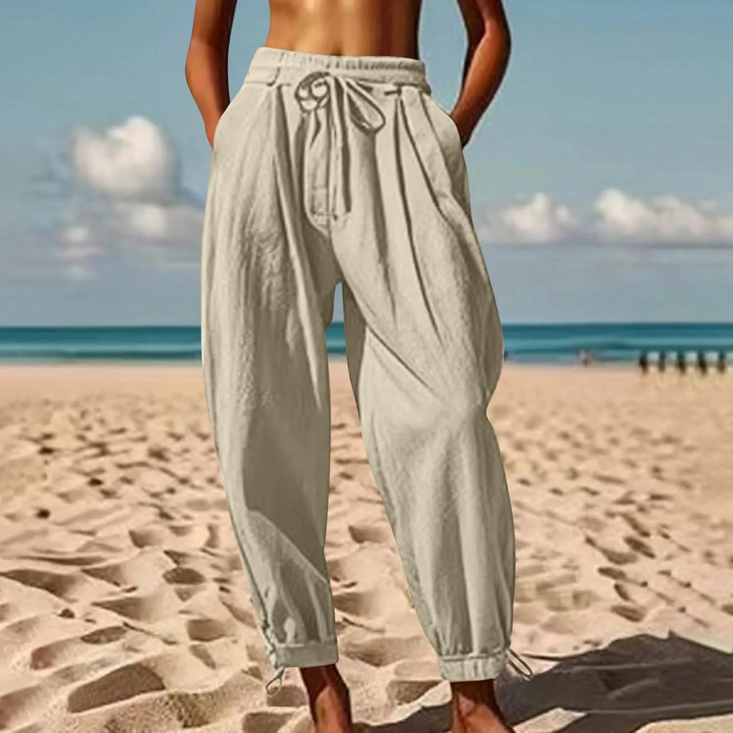 Summer Pants for Women Cotton Linen Wide Leg Pants Close Bottom Joggers Elastic Waist Casual Trousers with Pockets