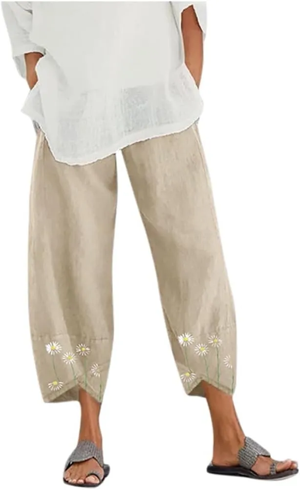 Summer Women Loose Women Straight Summer Pants High Casual Waist Long Solid Cotton Pants Womens High