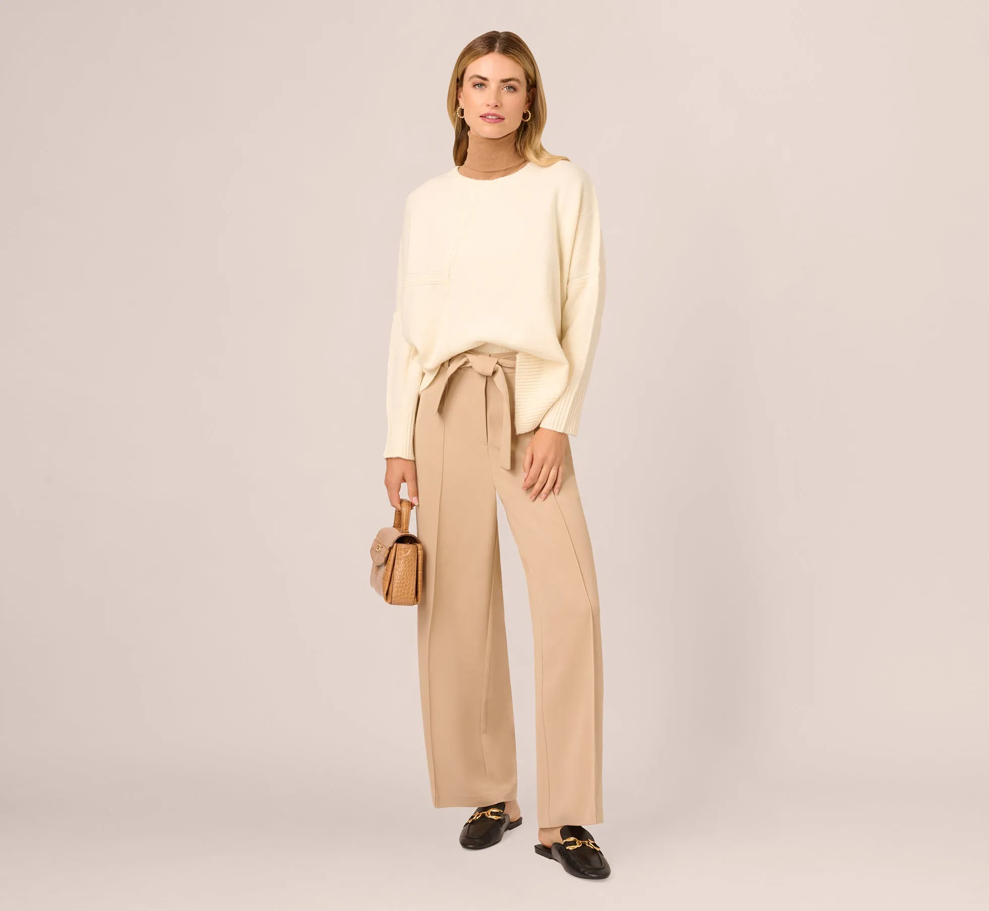 Twill Zip Fly Belted Wide Leg Pant In Sandstone