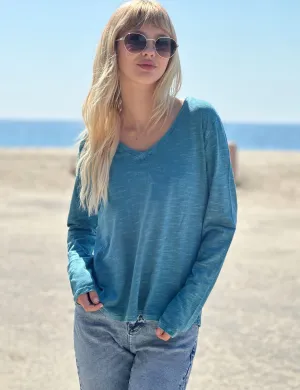 V Neck Long Sleeve Tee Cotton Slub