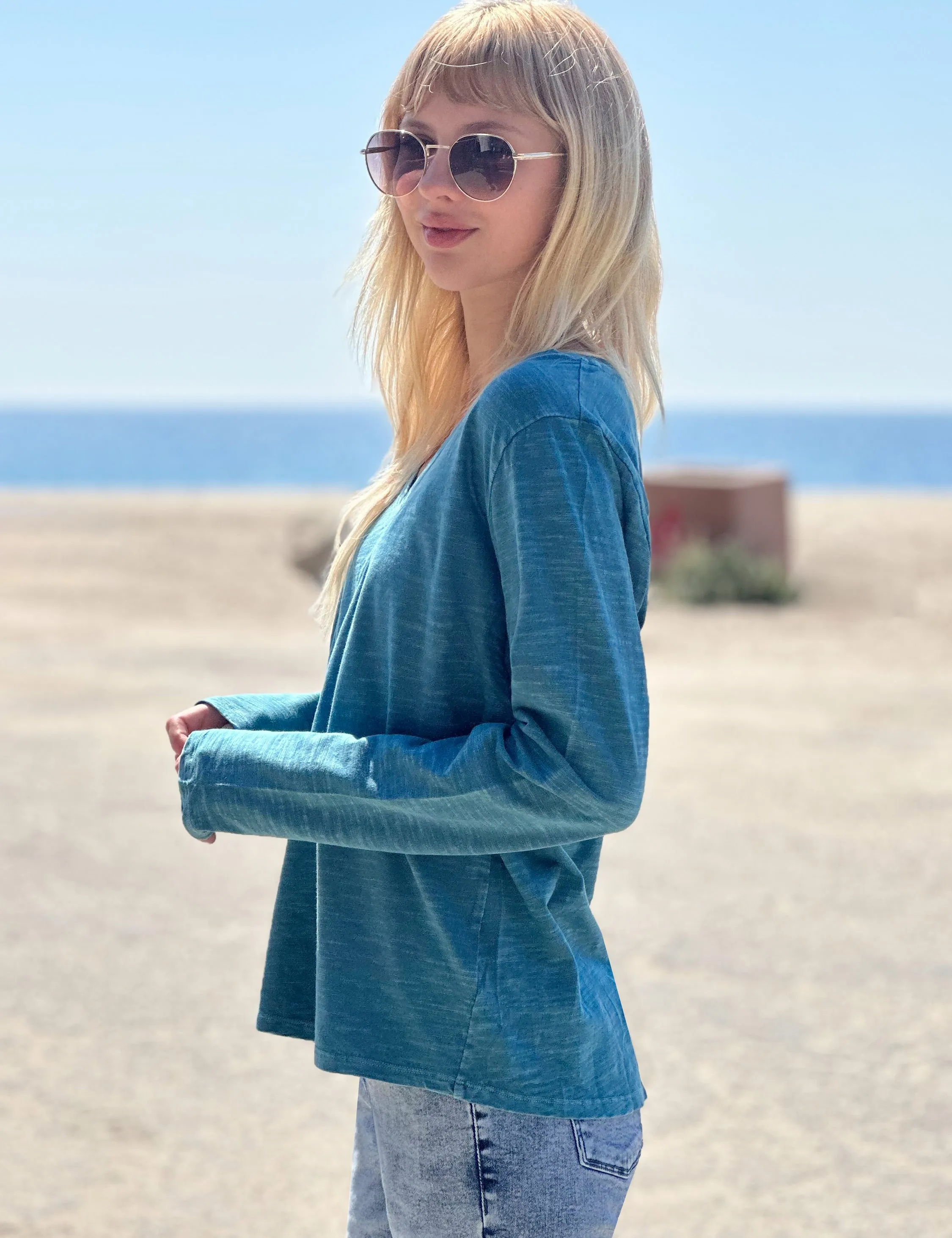 V Neck Long Sleeve Tee Cotton Slub