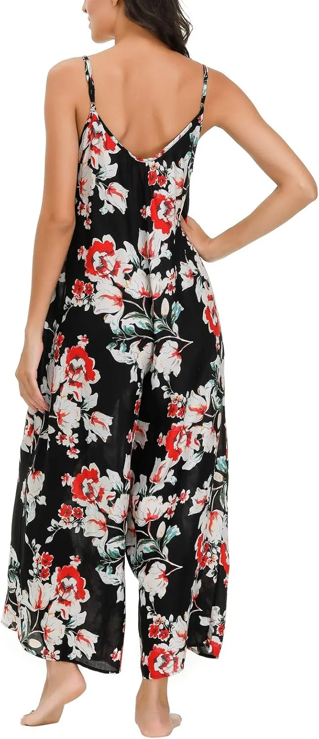 wexcen Jumpsuits for Women Floral Wide Leg Spaghetti Strap Sleeveless Casual Loose Ethnic Long Rompers with Pockets