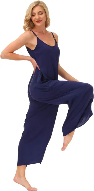 wexcen Jumpsuits for Women Floral Wide Leg Spaghetti Strap Sleeveless Casual Loose Ethnic Long Rompers with Pockets