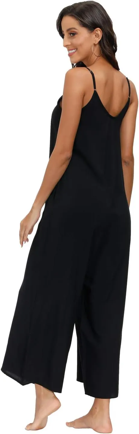 wexcen Jumpsuits for Women Floral Wide Leg Spaghetti Strap Sleeveless Casual Loose Ethnic Long Rompers with Pockets