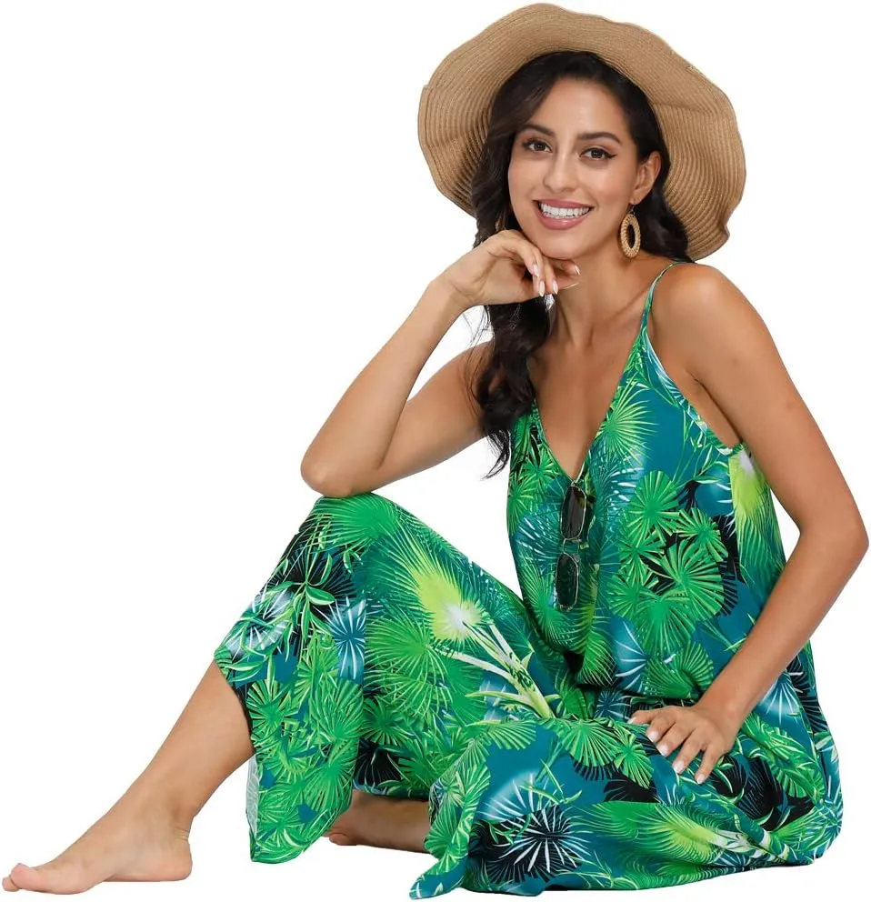 wexcen Jumpsuits for Women Floral Wide Leg Spaghetti Strap Sleeveless Casual Loose Ethnic Long Rompers with Pockets