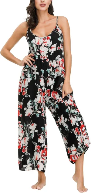 wexcen Jumpsuits for Women Floral Wide Leg Spaghetti Strap Sleeveless Casual Loose Ethnic Long Rompers with Pockets