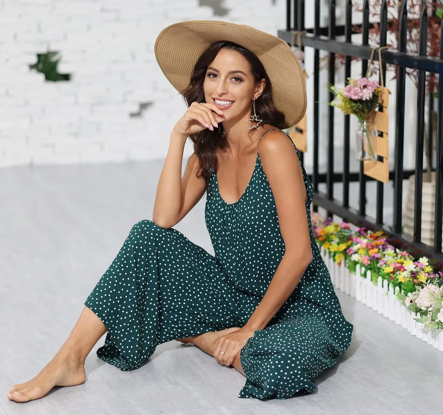 wexcen Jumpsuits for Women Floral Wide Leg Spaghetti Strap Sleeveless Casual Loose Ethnic Long Rompers with Pockets
