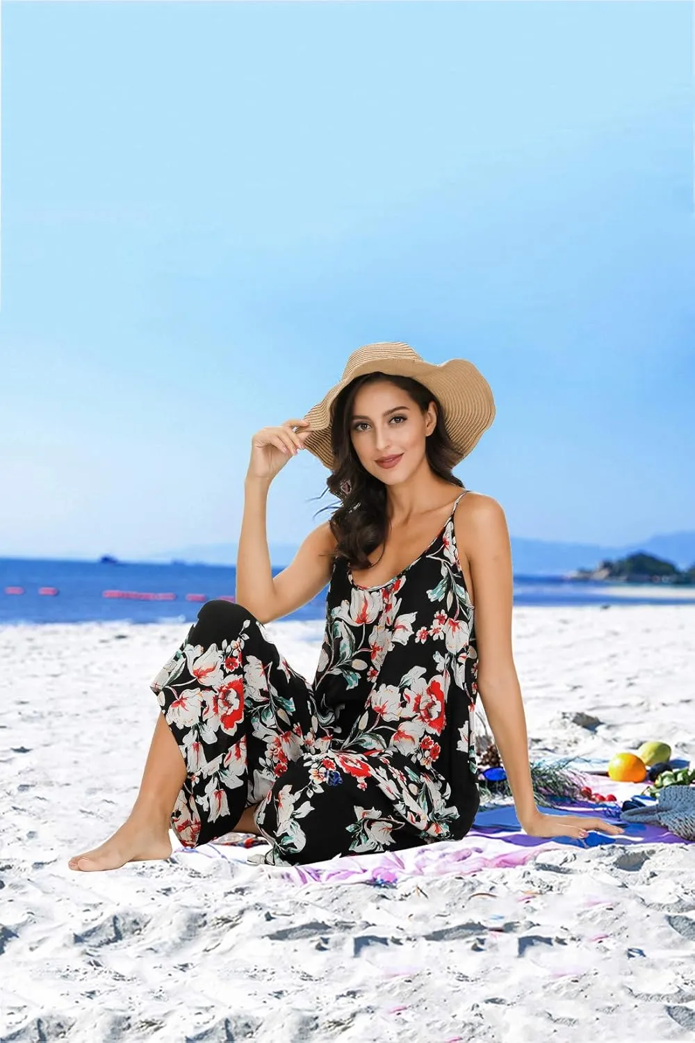 wexcen Jumpsuits for Women Floral Wide Leg Spaghetti Strap Sleeveless Casual Loose Ethnic Long Rompers with Pockets