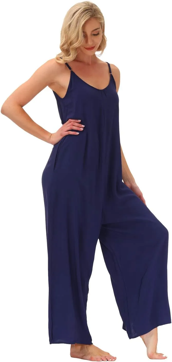 wexcen Jumpsuits for Women Floral Wide Leg Spaghetti Strap Sleeveless Casual Loose Ethnic Long Rompers with Pockets