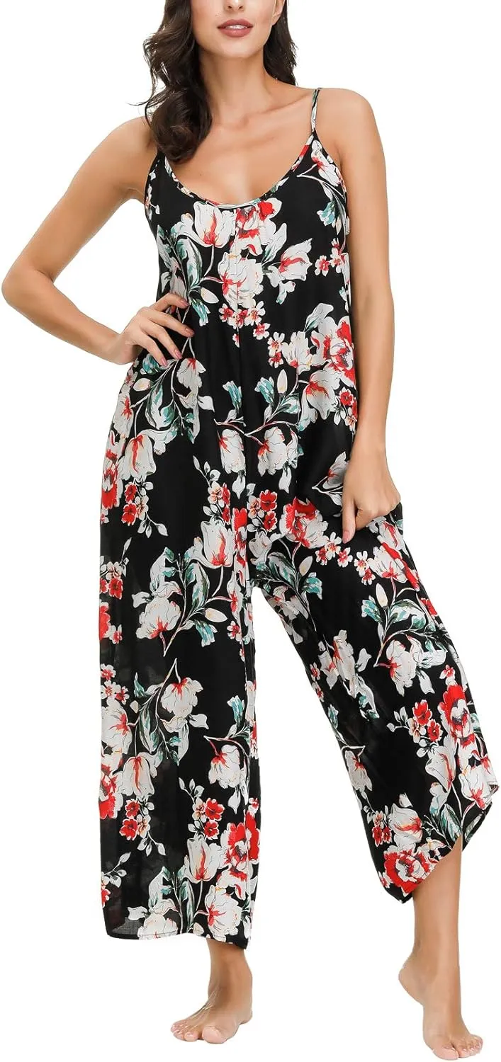 wexcen Jumpsuits for Women Floral Wide Leg Spaghetti Strap Sleeveless Casual Loose Ethnic Long Rompers with Pockets