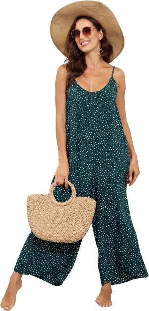 wexcen Jumpsuits for Women Floral Wide Leg Spaghetti Strap Sleeveless Casual Loose Ethnic Long Rompers with Pockets
