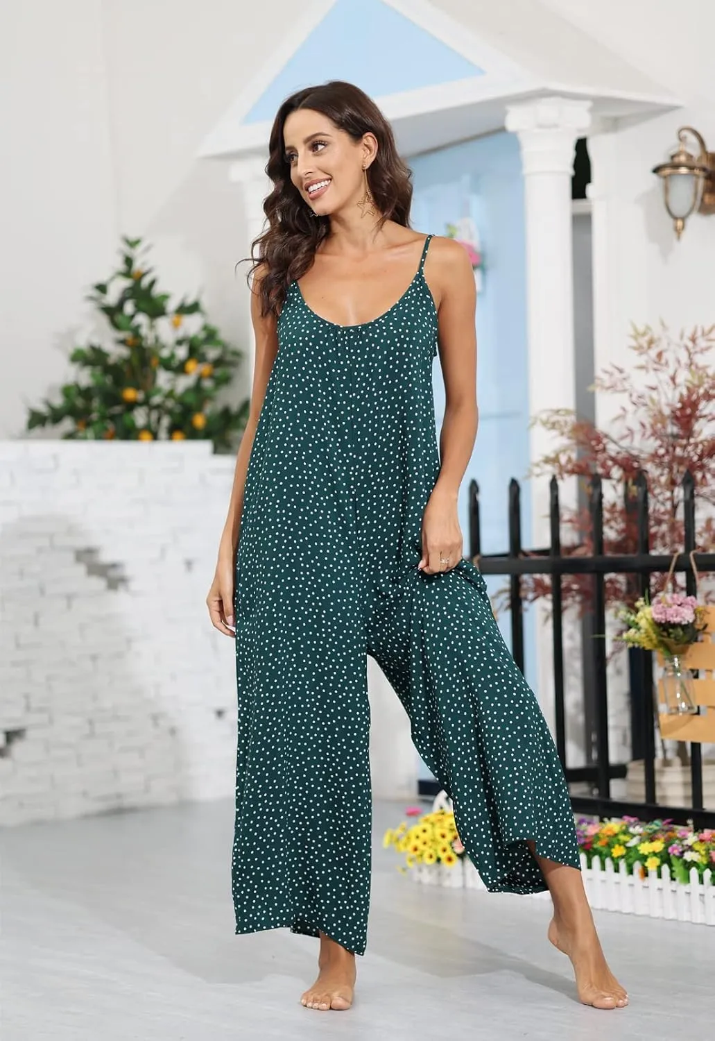 wexcen Jumpsuits for Women Floral Wide Leg Spaghetti Strap Sleeveless Casual Loose Ethnic Long Rompers with Pockets