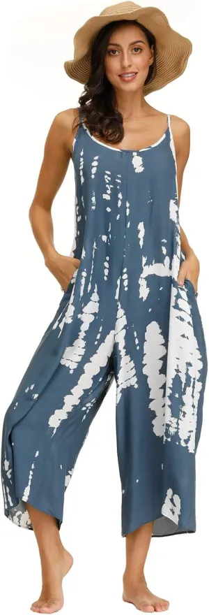 wexcen Jumpsuits for Women Floral Wide Leg Spaghetti Strap Sleeveless Casual Loose Ethnic Long Rompers with Pockets