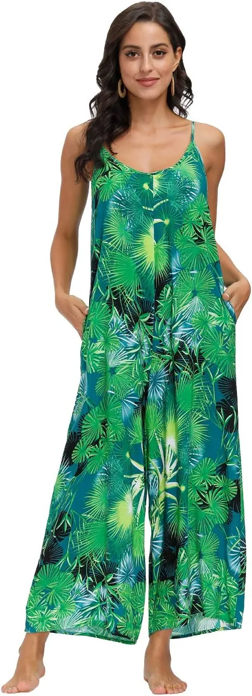 wexcen Jumpsuits for Women Floral Wide Leg Spaghetti Strap Sleeveless Casual Loose Ethnic Long Rompers with Pockets