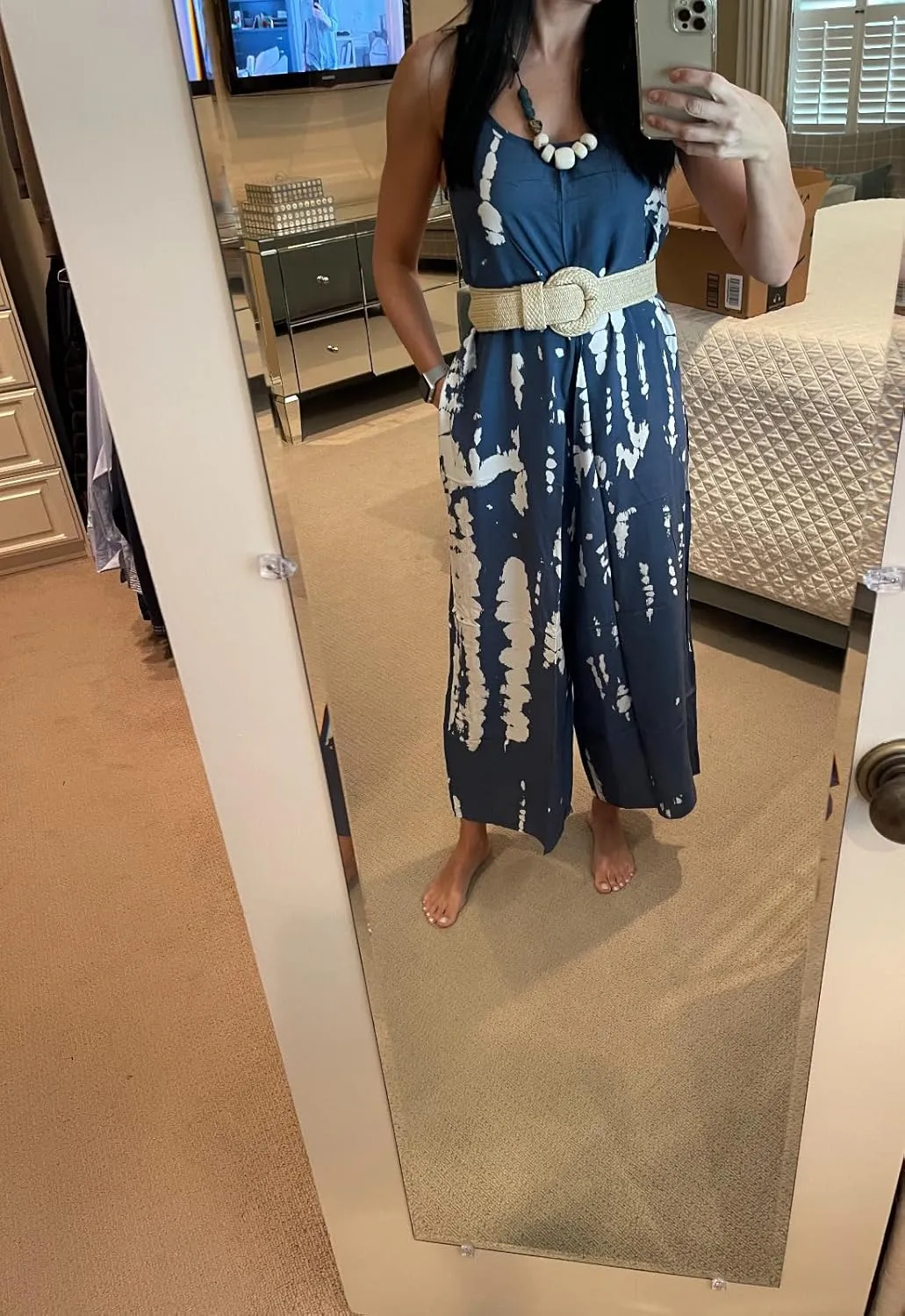 wexcen Jumpsuits for Women Floral Wide Leg Spaghetti Strap Sleeveless Casual Loose Ethnic Long Rompers with Pockets