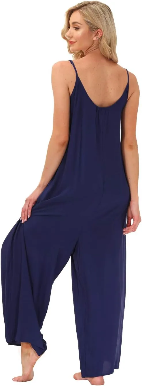 wexcen Jumpsuits for Women Floral Wide Leg Spaghetti Strap Sleeveless Casual Loose Ethnic Long Rompers with Pockets
