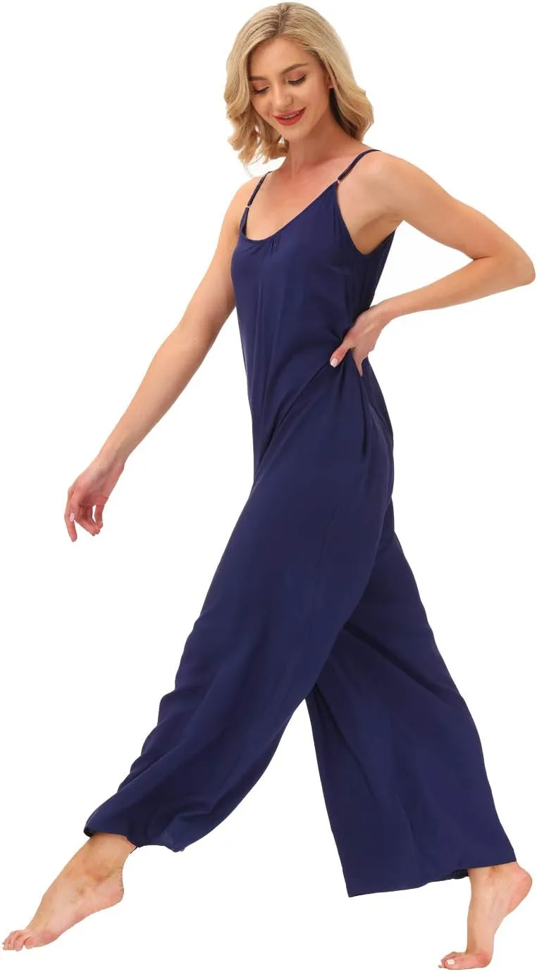 wexcen Jumpsuits for Women Floral Wide Leg Spaghetti Strap Sleeveless Casual Loose Ethnic Long Rompers with Pockets