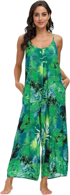 wexcen Jumpsuits for Women Floral Wide Leg Spaghetti Strap Sleeveless Casual Loose Ethnic Long Rompers with Pockets