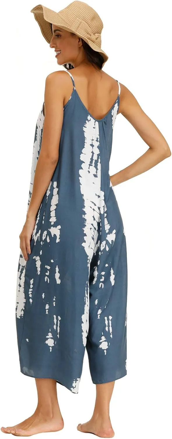 wexcen Jumpsuits for Women Floral Wide Leg Spaghetti Strap Sleeveless Casual Loose Ethnic Long Rompers with Pockets