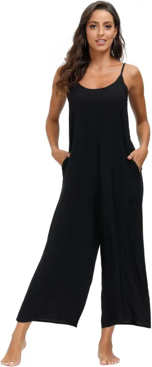 wexcen Jumpsuits for Women Floral Wide Leg Spaghetti Strap Sleeveless Casual Loose Ethnic Long Rompers with Pockets