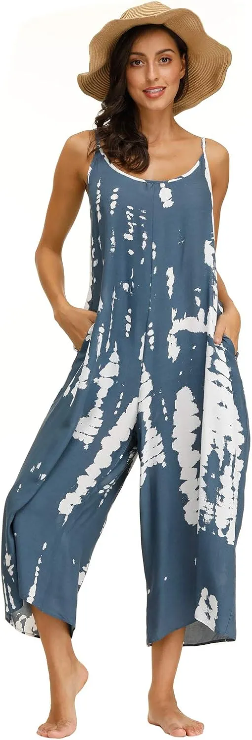 wexcen Jumpsuits for Women Floral Wide Leg Spaghetti Strap Sleeveless Casual Loose Ethnic Long Rompers with Pockets