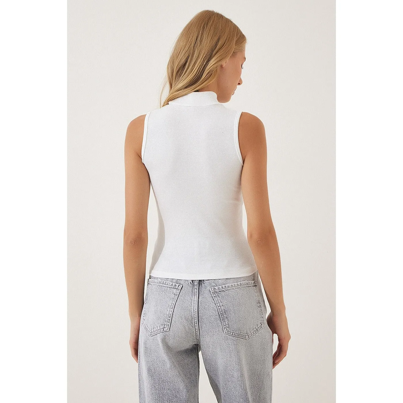 White Turtleneck Cotton Knitted Blouse
