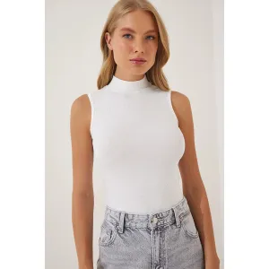 White Turtleneck Cotton Knitted Blouse