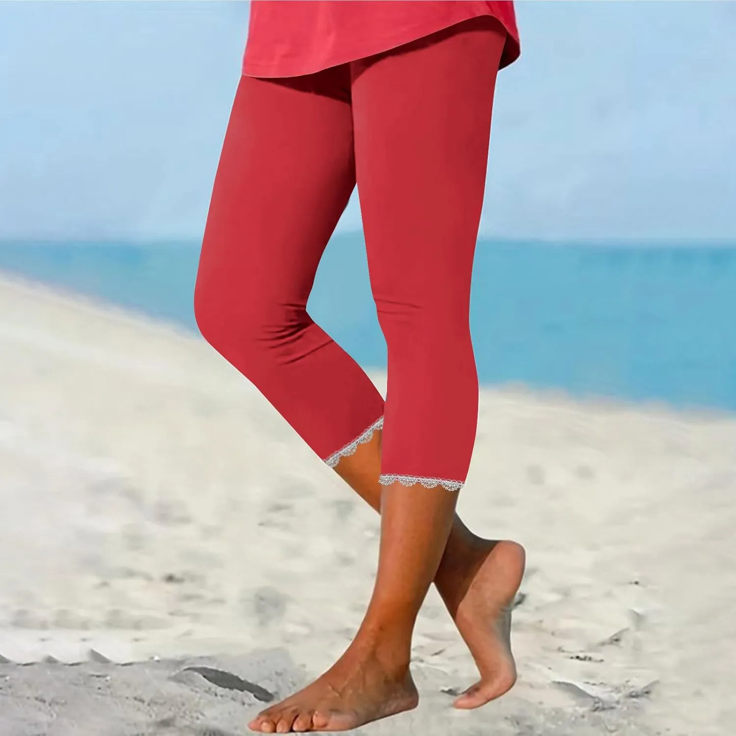 Women Capris Bottom Leggings Summer High Waist Slim Lace Hem Capris Pants Casual Fitting Athletic Gym Yoga Pants 2025